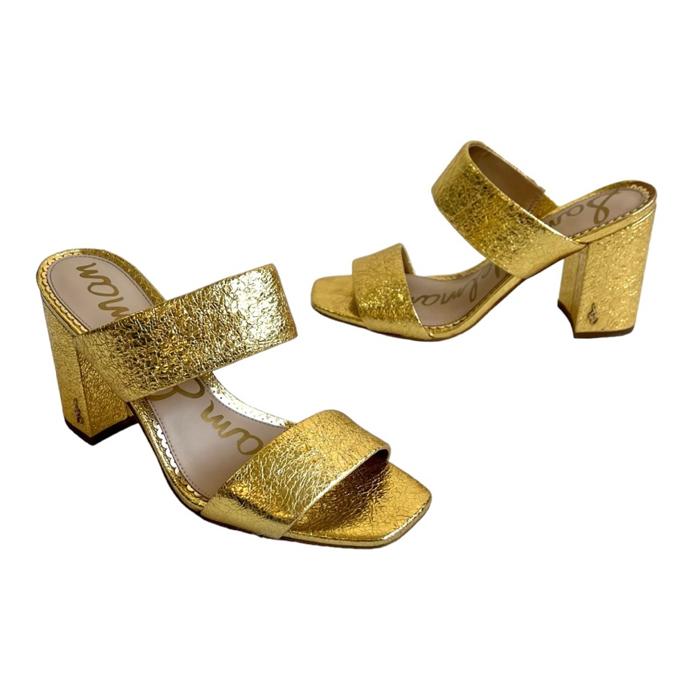 Sam Edelman Delaney Metallic Block Heel Sandals in Bright Gold Leather